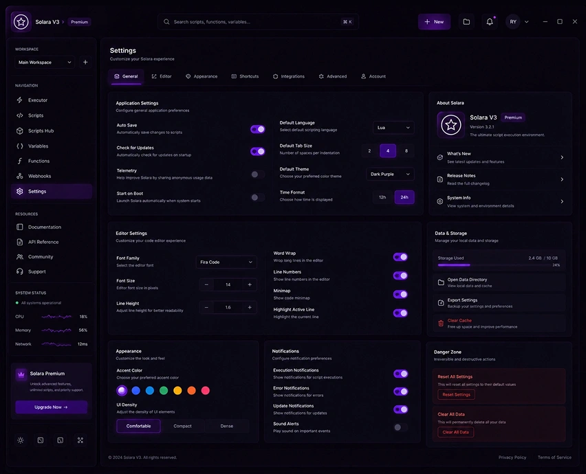Solara Settings Menu